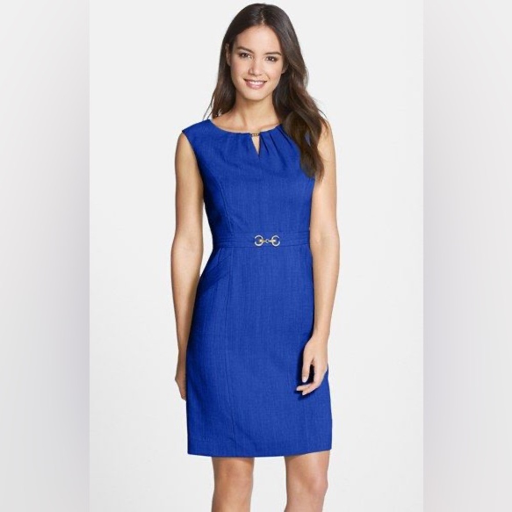 Ellen Tracy A-line Sleeveless Midi Dress Cobalt Blue Waist Accent Bow & Pockets